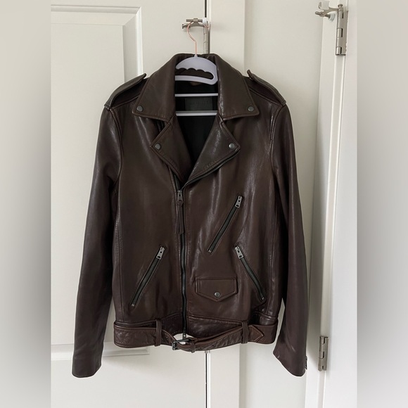 AllSaints VOLTAIRE BIKER Brown 100% Lamb Leather Jacket - Size Medium - Picture 3 of 11